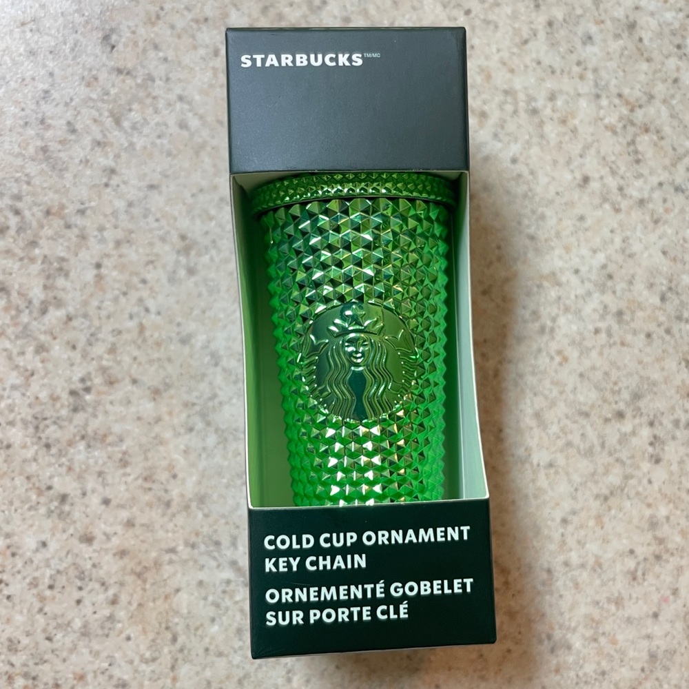 Starbucks 2023 Holiday Green Chrome Studded Mini Cold Cup Ornament Keychain NWT